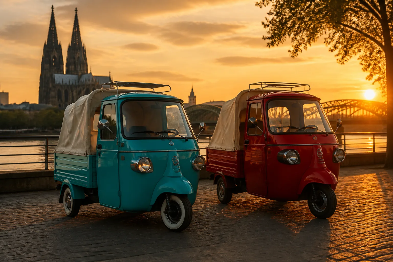 Zwei Apes am Rhein in Köln am Abend